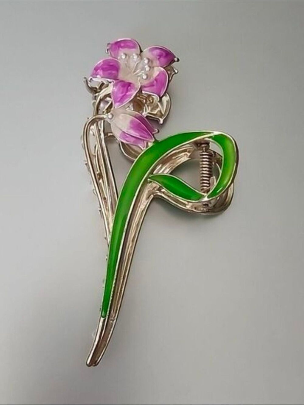 Metal Flower   Hair Claw Large  Gold Enamel Pink